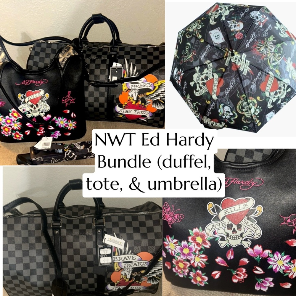 NWT Ed Hardy 3 piece duffel, tote & umbrella bundle Msrp $275